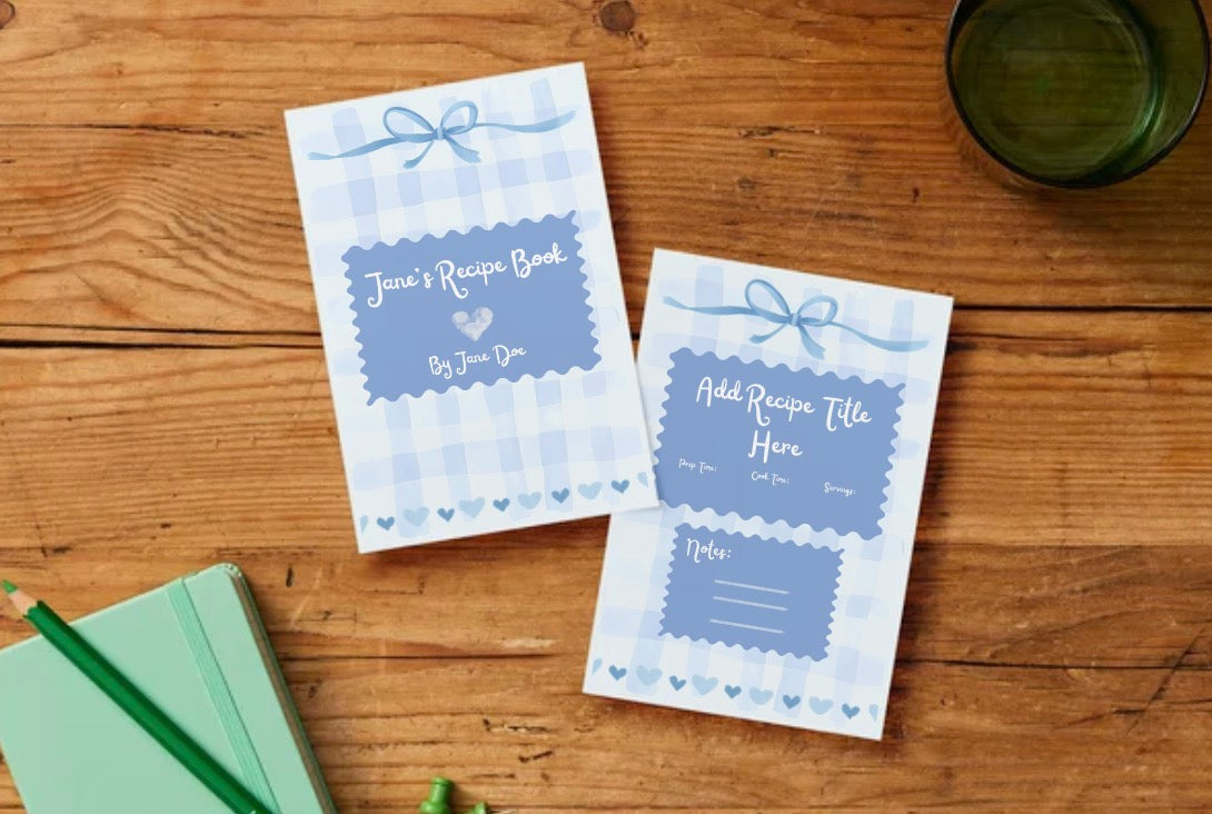 Blue Gingham Recipe Book Template | Editable Canva Cookbook & Recipe Card Collection
