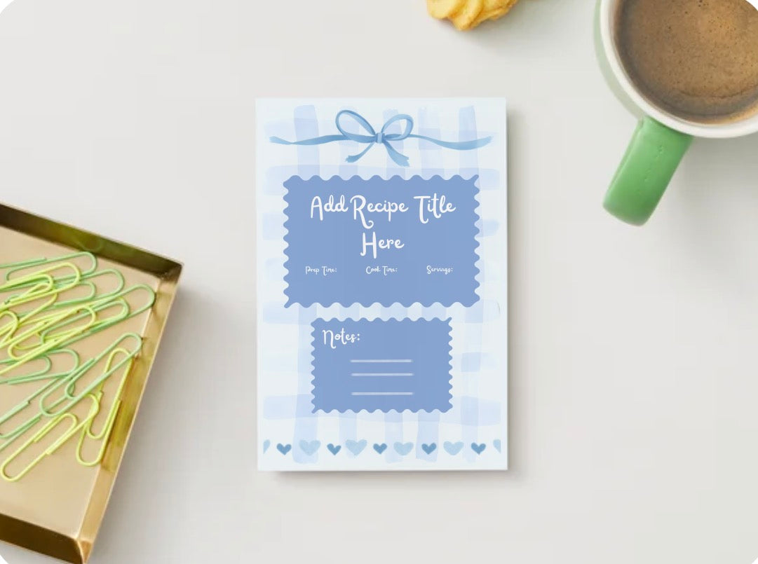 Blue Gingham Recipe Book Template | Editable Canva Cookbook & Recipe Card Collection